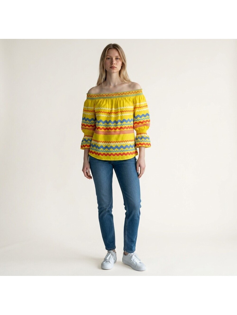 Flying Tomato Blouse Women L Large Yellow Striped 3/4 Sleeve Off The Shoulder